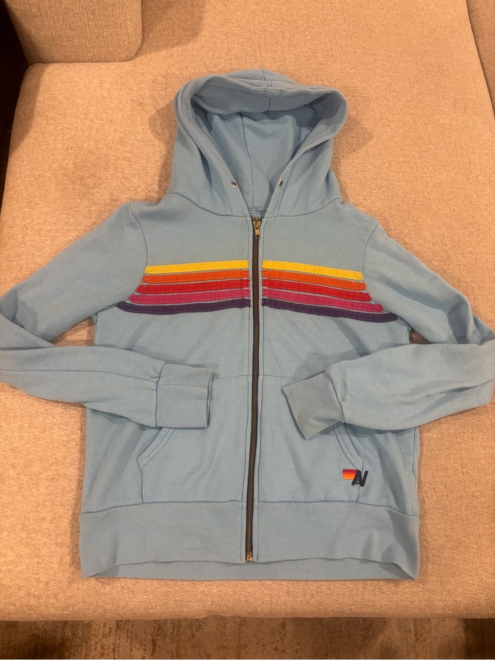 Aviator Nation Light Blue Zip Hoodie with Rainbow Chest Stripes